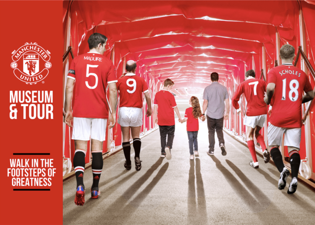Manchester United Banner Image.
Four backs of football players with a family walking hand in hand.