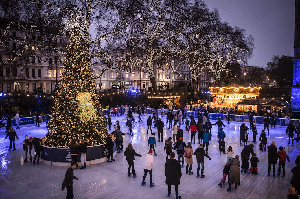 Ice rink image at night time.